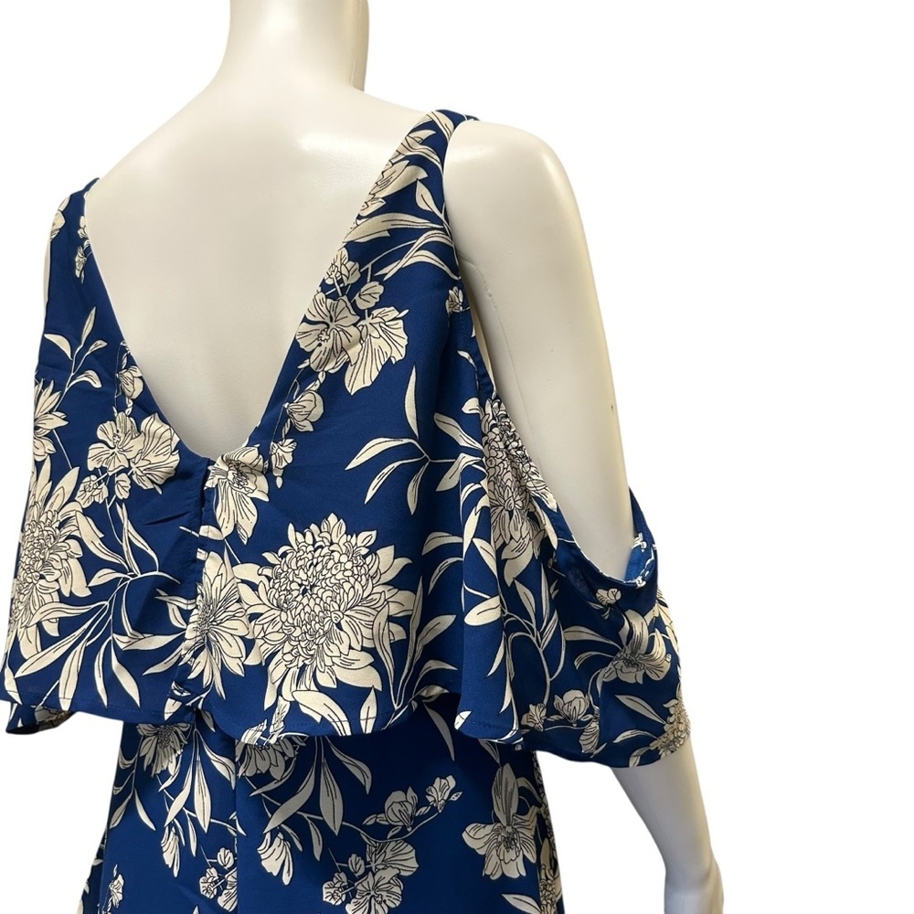 DEX Cold Shoulder Maxi Dress Blue Dahlia Floral Tiered Ruffle V-Neck Size M - Picture 6 of 11